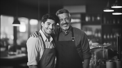 father and son own a small cafeteria business. Photo in black style