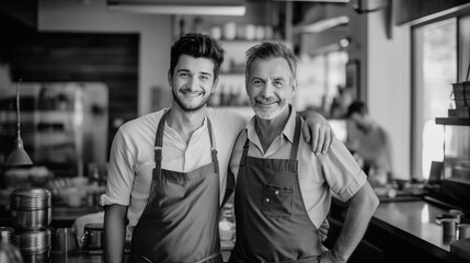 father and son own a small cafeteria business. Photo in black style