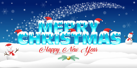 Christmas vector template with snowy text, snowflakes, snowfall, Santa hat, stars, fir branches decoration.  Merry christmas and happy new year background winter blue colors for poster, and backdrops.