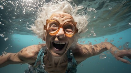 old woman granny having fun with selfie in the swimming pool - obrazy, fototapety, plakaty