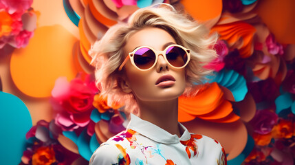 a beautiful high fashion lady with cool sunglasses in front of a crazy multicolored abstract background - obrazy, fototapety, plakaty