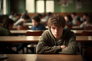 Depressed teenage boy in classroom - bullying concept - obrazy, fototapety, plakaty
