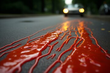 Red ketchup on asphalt road with approaching car. Driving safety concept. - obrazy, fototapety, plakaty