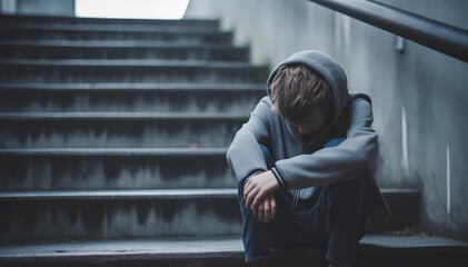 Crying young boy sitting on urban staircase, victim of school bullying - obrazy, fototapety, plakaty