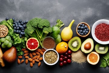Healthy food clean eating selection: fruit, vegetable, seeds, superfood, cereal, leaf vegetable on gray concrete background. generative ai.