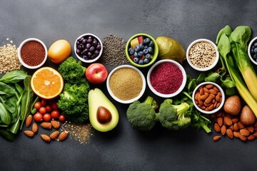 Fototapeta na wymiar Healthy food clean eating selection: fruit, vegetable, seeds, superfood, cereal, leaf vegetable on gray concrete background. generative ai.