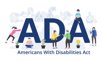 ADA - Americans With Disabilities Act concept with big word text acronym and team people in modern flat style vector illustration - obrazy, fototapety, plakaty