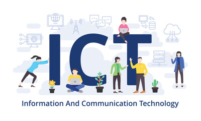 ICT - Information And Communication Technology concept with big word text acronym and team people in modern flat style vector illustration - obrazy, fototapety, plakaty