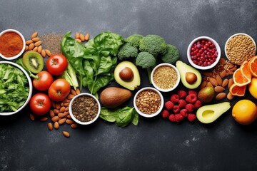 Healthy food clean eating selection: fruit, vegetable, seeds, superfood, cereal, leaf vegetable on gray concrete background. generative ai. - obrazy, fototapety, plakaty