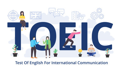 TOEIC - Test Of English For International Communication concept with big word text acronym and team people in modern flat style vector illustration - obrazy, fototapety, plakaty