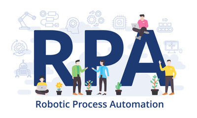 RPA - Robotic Process Automation concept with big word text acronym and team people in modern flat style vector illustration