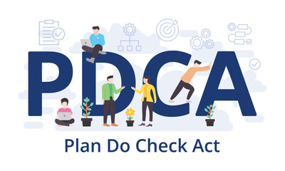 PDCA - Plan Do Check Act concept with big word text acronym and team people in modern flat style vector illustration