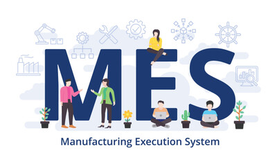 MES - Manufacturing Execution System concept with big word text acronym and team people in modern flat style vector illustration - obrazy, fototapety, plakaty