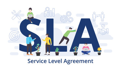 SLA - Service Level Agreement concept with big word text acronym and team people in modern flat style vector illustration - obrazy, fototapety, plakaty