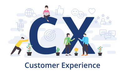 CX - Customer Experience concept with big word text acronym and team people in modern flat style vector illustration