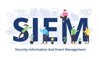 SIEM - Security Information And Event Management concept with big word text acronym and team people in modern flat style vector illustration