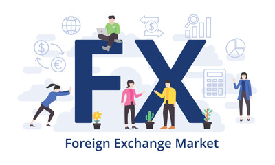 FX - Foreign Exchange Market concept with big word text acronym and team people in modern flat style vector illustration