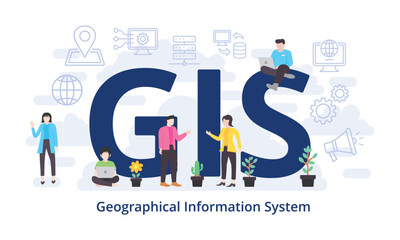 GIS - Geographical Information System concept with big word text acronym and team people in modern flat style vector illustration - obrazy, fototapety, plakaty