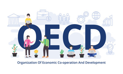 OECD - Organization Of Economic Co-operation And Development concept with big word text acronym and team people in modern flat style vector illustration - obrazy, fototapety, plakaty