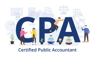 CPA - Certified Public Accountant concept with big word text acronym and team people in modern flat style vector illustration - obrazy, fototapety, plakaty