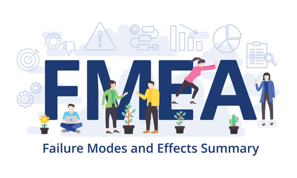 FMEA - Failure Modes and Effects Summary concept with big word text acronym and team people in modern flat style vector illustration