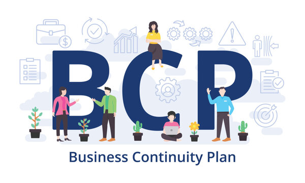 BCP - Business Continuity Plan concept with big word text acronym and team people in modern flat style vector illustration