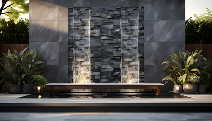 a small water wall made of black tile sits near a serene meditation platform