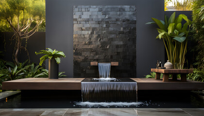 a small water wall made of black tile sits near a serene meditation platform