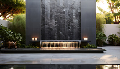 a small water wall made of black tile sits near a serene meditation platform