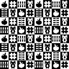 Swiss aesthetic seamless pattern with frogs and apples. Geometric retro print for T-shirt, poster, textile and fabric. Cute background.