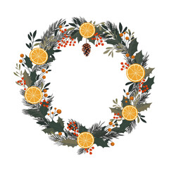 Świąteczna ramka z plastrami pomarańczy, liśćmi, gałązkami choinki i czerwonymi jagodami. Zimowa kompozycja do designu na Boże Narodzenie i Nowy Rok. - obrazy, fototapety, plakaty