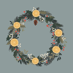 Świąteczna ramka z plastrami pomarańczy, liśćmi, gałązkami choinki, ostrokrzewem i jagodami. Zimowa kompozycja do designu na Boże Narodzenie i Nowy Rok.