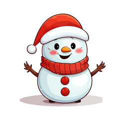 vector snowman in a red santa hat and in a red scarf without background for christmas postcards cartoon character style