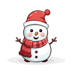 vector snowman in a red santa hat and in a red scarf without background for christmas postcards cartoon character style
