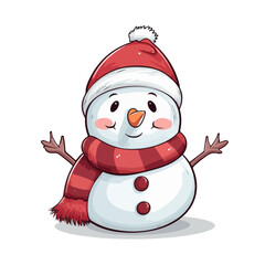 vector snowman in a red santa hat and in a red scarf without background for christmas postcards cartoon character style