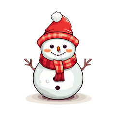 vector snowman in a red santa hat and in a red scarf without background for christmas postcards cartoon character style