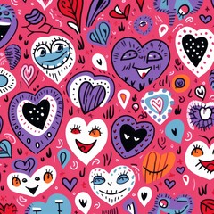 Naklejka premium Kooky Crazy Weird Wild Love Hearts with Funny Faces Happy Joy Fun Love Pink and Red Cartoon Many faces of Love Love is Wild Love is Fun Crazy Love Lovesick Love Crazy Fool