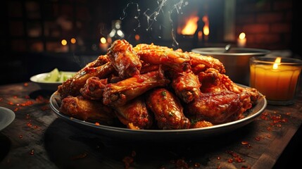 Buffalo wings with melted hot sauce on a wooden table with a blurred background - obrazy, fototapety, plakaty
