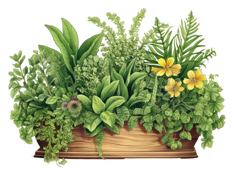 green plants with yellow flowers in wooden box clip art preview