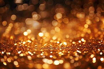 Background of golden glitter particles and bright lights, orange and brown, orange and gold, shiny gold glitter with bokeh effect.