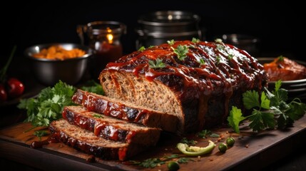 delicious meatloaf with vegetable topping, black and blurred background - obrazy, fototapety, plakaty