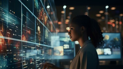 A female software developer using collaboration tools in a cloud computing environment. Her screen is filled with various apps and programs. generative AI - Powered by Adobe