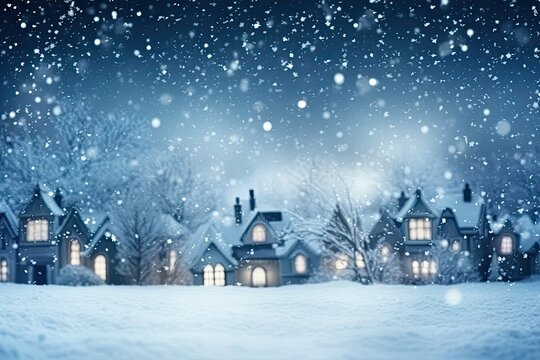 Snowy winter scene in the background, in dark white and blue style, christmas village