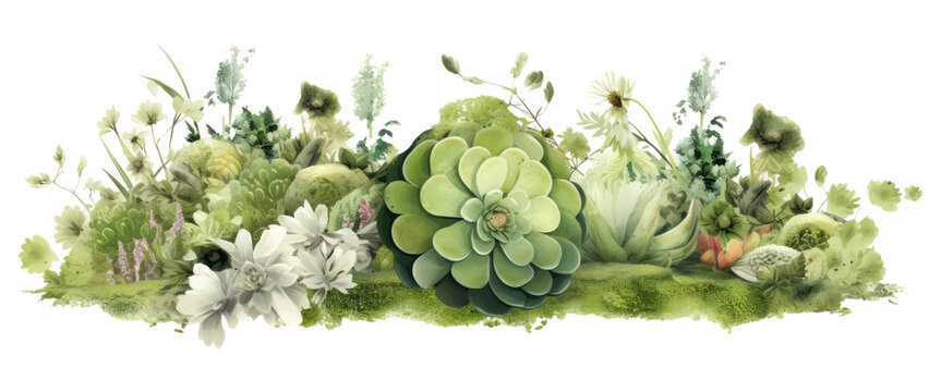 Shabby chic watercolor green rock flower arrangement isolated on transparent background