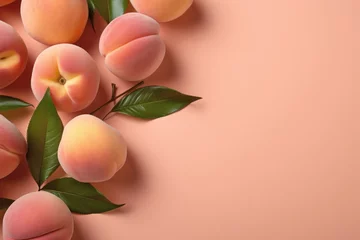 Banner with fruits on a light peach fuzz background. Greeting card template for wedding, mother's day or women's day. Spring composition with copy space. Flat style