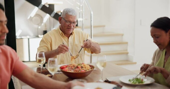 Family, dinner and happy in dining room with food for bonding, event or conversation in lounge area of home. Love, grandparents or parents with children for pasta, supper or brunch with happiness