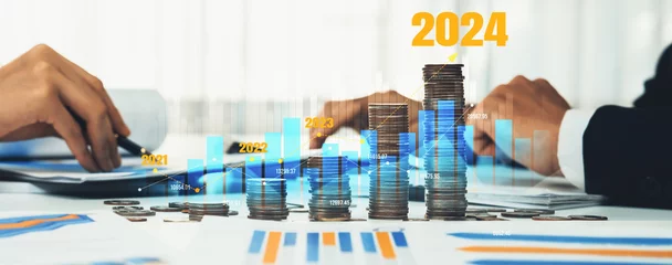 Foto op Canvas Growth coin stack symbolizing business investment and economic growth. Business people doing financial planning to achieve financial goal and contribute maximum profit on new year 2024 . Shrewd © Summit Art Creations