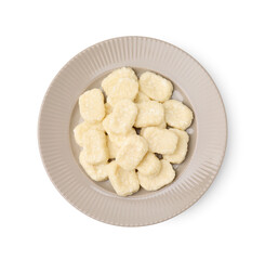 Plate of tasty lazy dumplings isolated on white, top view