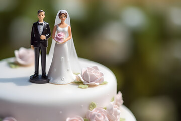 Close-up of figurine couple on wedding cake