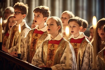 Church choir of boys and girls singing in church premises at christmas. - obrazy, fototapety, plakaty